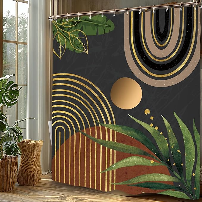 Miyotaa Abstract Minimalist Shower Curtain Set 60Wx71H Inches Aesthetic Modern Dark Burnt Orange Black Contemporary Plant Leaves Polyester Waterproof Cloth Bathroom Curtain with 12 Hooks