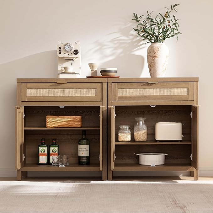 SICOTAS Buffet Cabinet Sideboard with Storage, Rattan Accent Cabinet with Doors Drawer, Boho Credenzas Farmhouse Buffet Table Console Coffee Bar Cabinets for Entryway Living Room, Natural Oak