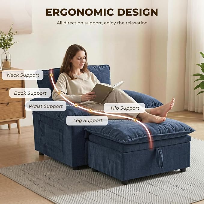 Furnimart Oversized Accent Chair with Storage Ottoman, Super Plush Cloud Chair with Chunky Cushion, Comfy Chenille Chaise Lounge, Dark Blue Lounge Chair for Living Room Bedroom Reading Nook