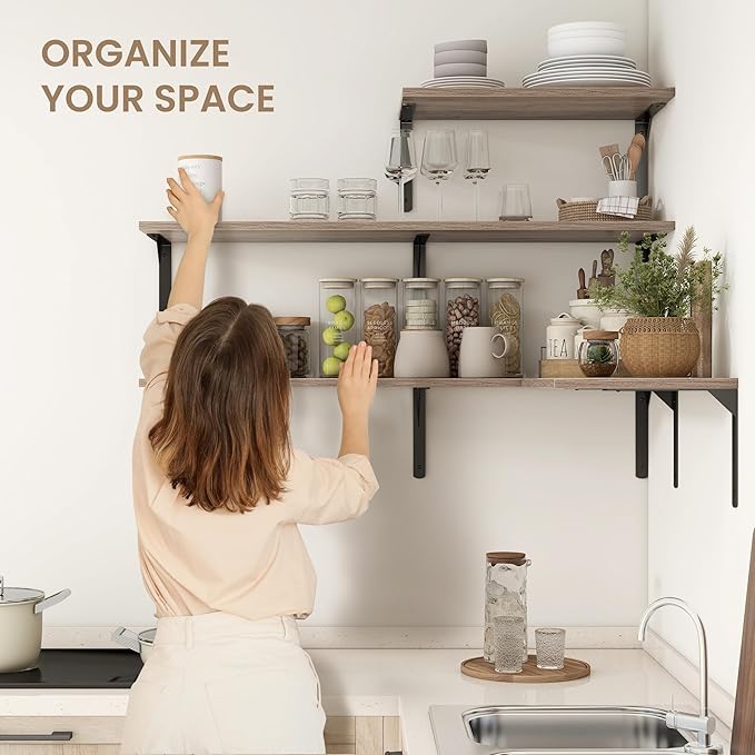 Fun Memories Floating Shelves for Wall, 12 Inch Deep Floating Shelves Set of 2, Wall Mounted Shelf with Metal Brackets, Rustic Wood Wide Shelf for Bathroom, Kitchen and Living Room, Grey, 48W x 12D