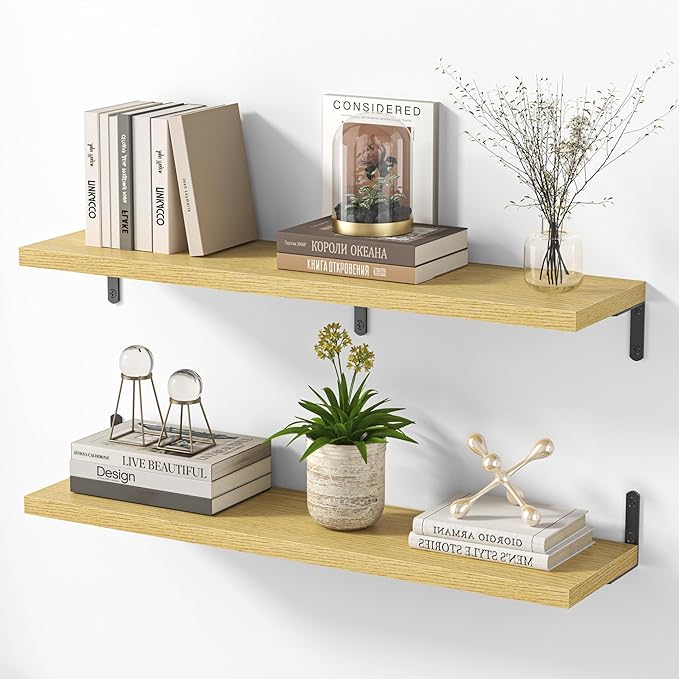 Marsmiles Extra Wide Floating Shelves for Wall, 36x8 Inch Natural Wood Grain Bookshelves, Heavy Duty Mounted Shelving for Bathroom, Kitchen, Living Room, Bedroom,Set of 2，Oak