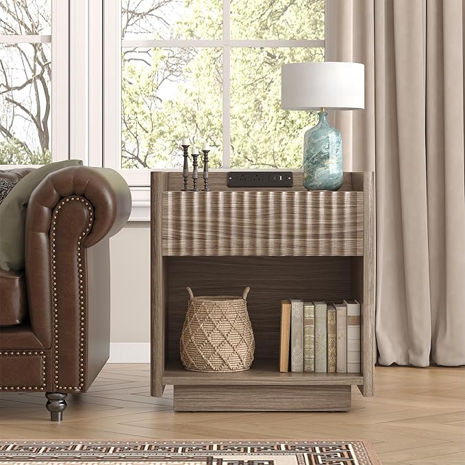 Bigbiglife Fluted Nightstand with Charging Station, 22" Modern Side Table with Drawer End Table with Open Storage, Bedside Table for Bedroom, Living Room, Natural Oak (1, Dark Walnut)