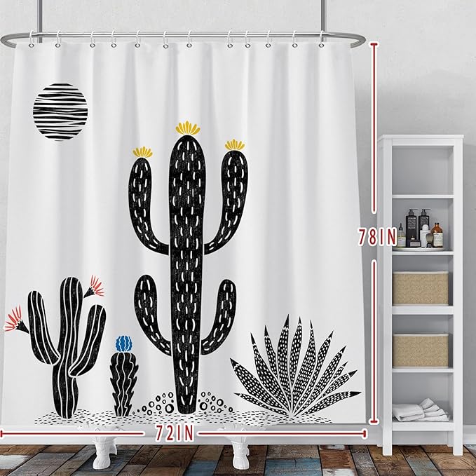 Baocicoo Boho Cactus Shower Curtain Tropical Plants Minimalism Floral Abstract Moon Black and White Shower Curtains for Hotel Home Bathroom Polyester Waterproof Fabric with Hooks 72x78 Inches