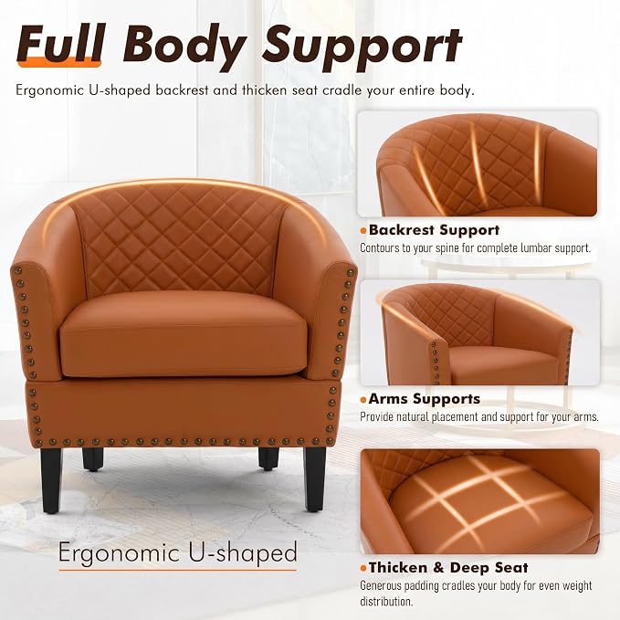QQU Barrel Accent Chair, Retro PU Leather Club Chair with Nail-Heads, Upholstered Armchair for Living Room, Bedroom, Waiting, Office (Orange)