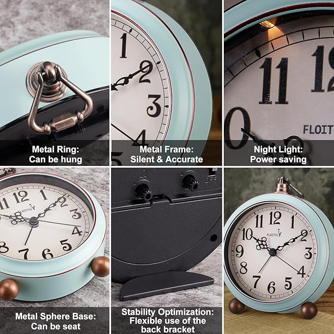 FLOITTUY 4.5" Battery Operated Antique Retro Analog Metal Alarm Clock, Silent Bedside Desk Clock, Wall-Hanging Vintage Clock(Vintage Green)