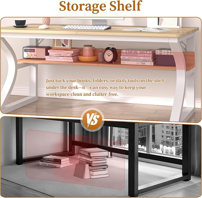 55 X 23.6'' Computer Desk, Home Office Desks w/Shelf Storage, Computer Desk w/Metal Frame, Cable Management, Study Student Desk Writing Work Table Deeper & Thicker Desktop for Home Bedroom