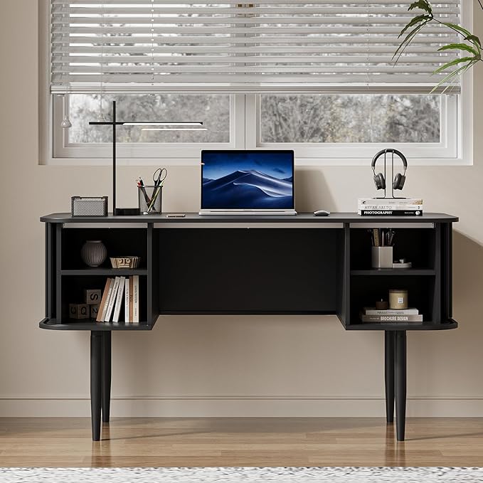 MAISONARIA 55" Modern Writing Desk with Storage, Wood Home Office Desk with Sliding Doors, Computer Desk for Home Office, Dorm, Living Room, Home Study Table, Black