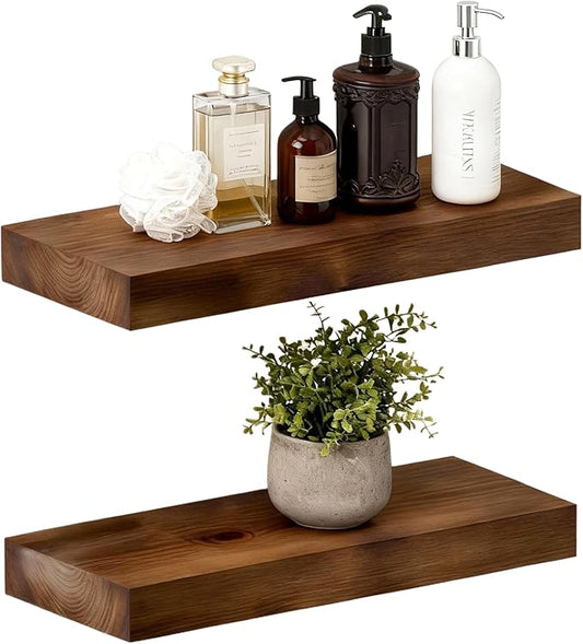 BEE Floating Shelves for Room Wall Rustic Walnut Wooden Bathroom Wall-Mounted Shelf Over Toilet Decor 16 Inch Storage Wood Shelves for Living Room, Bedroom, Kitchen Farmhouse 16D x 6.7W Set of 2