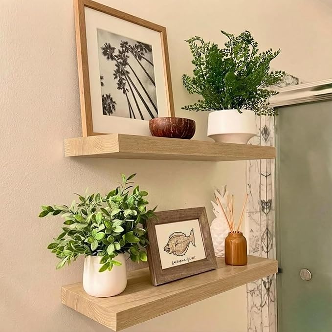 IAE Floating Wall Shelves 16 inch,Bathroom Shelf Wall Mounted,Invisible Shelf Floating Kitchen Shelves,Wooden Wall Shelving with Brackets for Living Room Wall Mounted,Easy Install,Set of 2,Natural