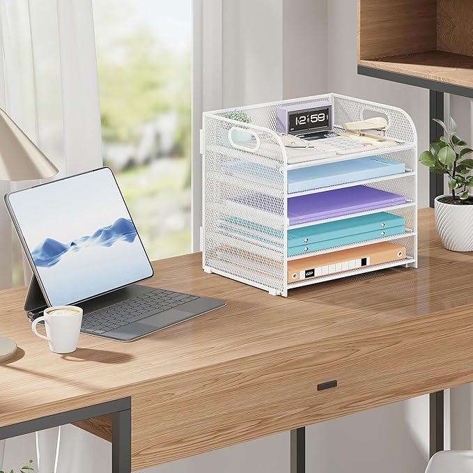 5 Tier Paper Organizer with Handle, White Metal Mesh Desk Organizer File Folder Paper Letter Tray Desktop Document Sorter for Classroom, School, Office Accessories Organization and Storage