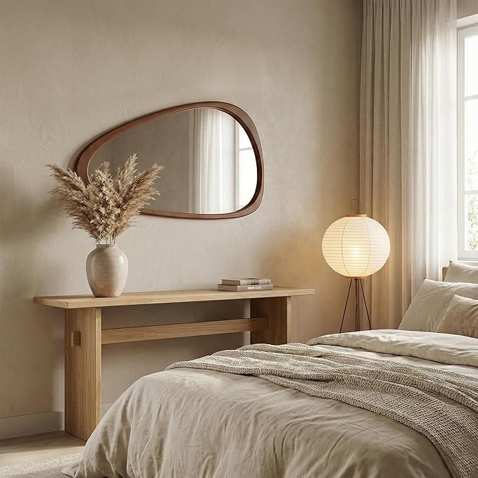 Irregular Asymmetrical Wall Mirror 48"×24" with Solid Wood Frame, Sculptural Mid-Century Modern Decorative Full-Length Wall Mirror for Living Room, Entryway & Bedroom