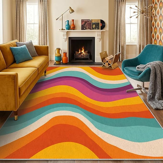 Retro 70s Area Rug 6x9, Mid Century Modern Abstract Wavy Carpet, Colorful Rainbow Swirl Rug for Living Room Bedroom Office, Non-Slip Washable Indoor Floor Mat