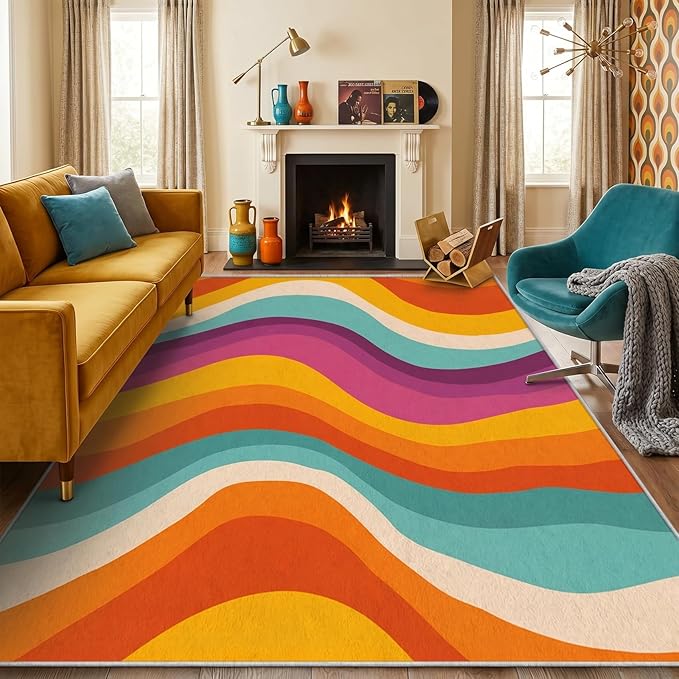 Retro 70s Area Rug 7x10, Mid Century Modern Abstract Wavy Carpet, Colorful Rainbow Swirl Rug for Living Room Bedroom Office, Non-Slip Washable Indoor Floor Mat