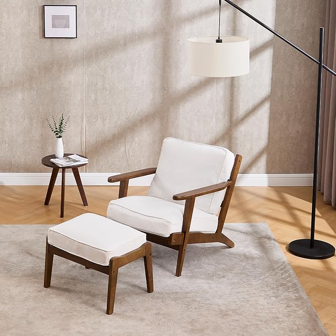Living Room Accent Chairs Mid Century Modern Reading Arm Chair with Ottoman, Fabric Bedroom Chair with Soild Wood Frame, Elegant Upholstered Side Chair, Beige-Fabric