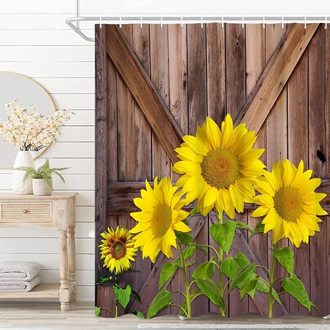 Rustic Farmhouse Shower Curtain for Bathroom - Yellow Sunflowers Vintage Wood Door Retro Country Washable Polyester Durable Fabric Shower Curtain with Hooks, 72x72 Inch