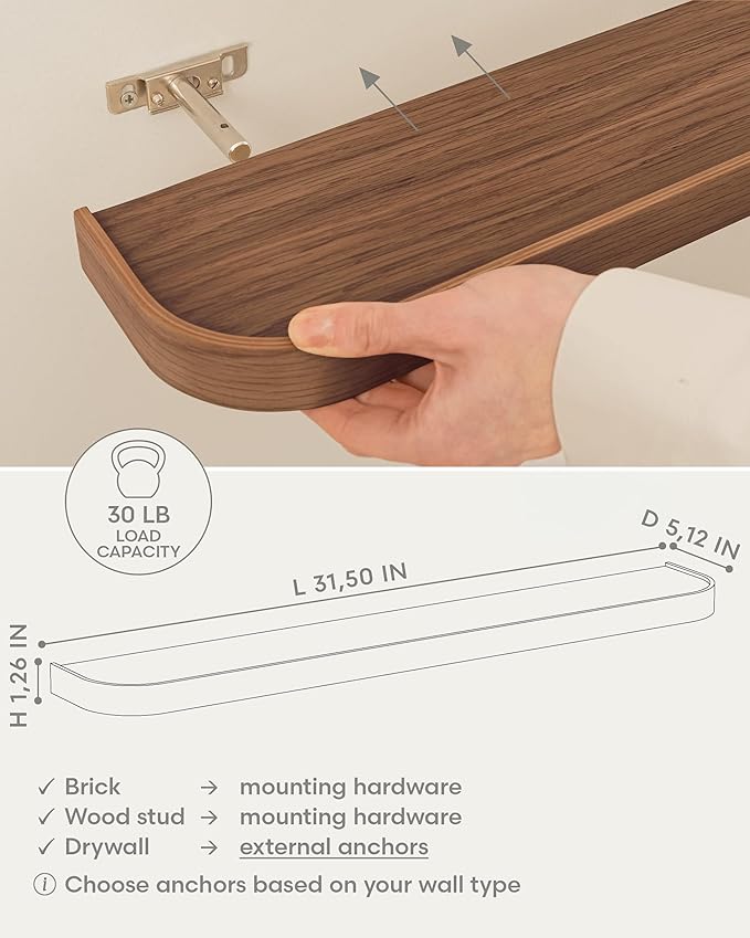 Kazai.® 31.5 inches Wall Shelf 'Toke' | Picture Ledge in Real Wood Veneer | Floating Wooden Shelf for Photos, Wall Decor, and Storage in Bathroom, Living Room, Kitchen, or Bedroom | Walnut