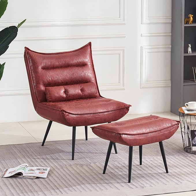 MCombo Wingback Accent Chair with Ottoman, Modern Bronzing Fabric Upholstered Club Chair for Small Space, Living Room 4400 (Burgundy)
