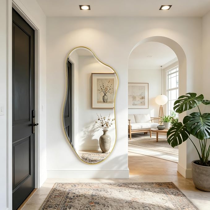 POZINO Large Irregular Beveled Mirror, 63"x31.5" Asymmetrical Wall Mirror with Gold Metal Frame, Organic Shaped Mirrors for Living Room Bedroom Bathroom Hallway Entryway, Horizontal/Vertical