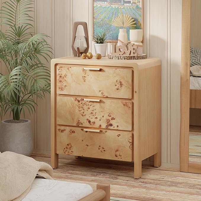 COZAYH Set of 2 Burl Finish 3 Drawer Nightstand, Wood Rustic Farmhouse Dresser, Vintage Accent Storage Bedside Table for Bedroom Entryway, Fully Assembled, Natural