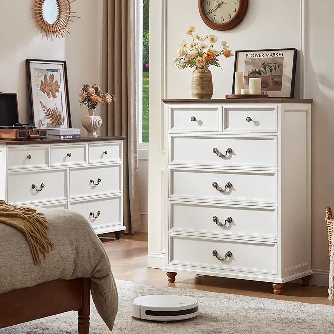 Farmhouse 6 Drawer Dresser Set of 2 for Bedroom, 42" Tall Rustic Chests of Drawers w/ 4 Solid Wood Feet, Mid Century Vintage Wooden Closet Storage Dressers Organizer for Living Room,White