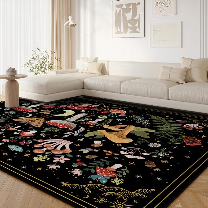 Mushroom Moth Area Rugs for Living Room Dining Room Bedroom Farmhouse, Non-Slip Machine Washable Black Living Room Rug Carpet 3'x5', Witchy Decor Aesthetic