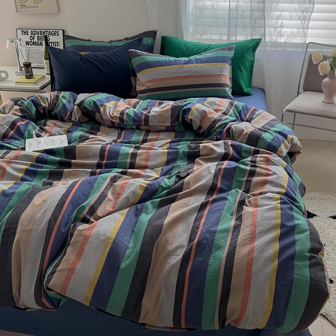 mixinni Vintage Striped Duvet Cover Queen Size 100% Washed Cotton 3 Piece Bedding Set Soft Breathable Retro Mid Century Modern Duvet Cover with Zipper Closure and Corner Ties for Boys Girls