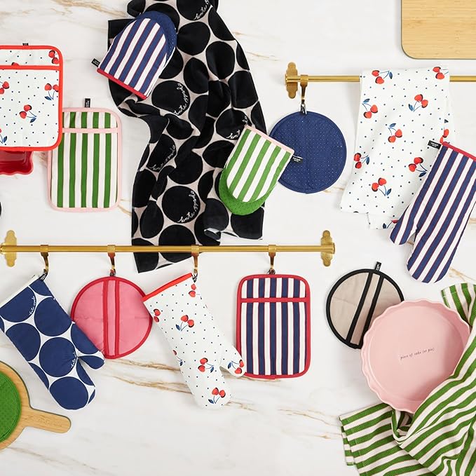 Kate Spade New York Botanical Stripe Mini Oven Mitt 2-Pack Set, 5.5" x 8", Navy Blue/Red