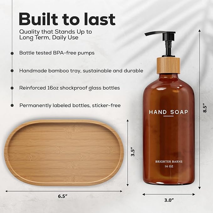 Amber Glass Hand and Dish Soap Dispenser Set by Brighter Barns - Kitchen Soap Dispenser Set with Tray - Bamboo Pump Bottles for Kitchen Sink - Modern Home Decor, Neutral Decor for Airbnb, Gift (Amber)