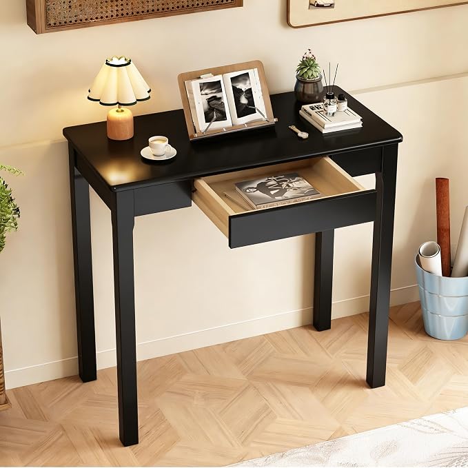Solid Wooden Desk with Drawers - 32 x 16 Inch Narrow Desks for Small Spaces, Rubberwood Simple Study Table, Small Writing Desk for Bedroom - Modern Black Desks