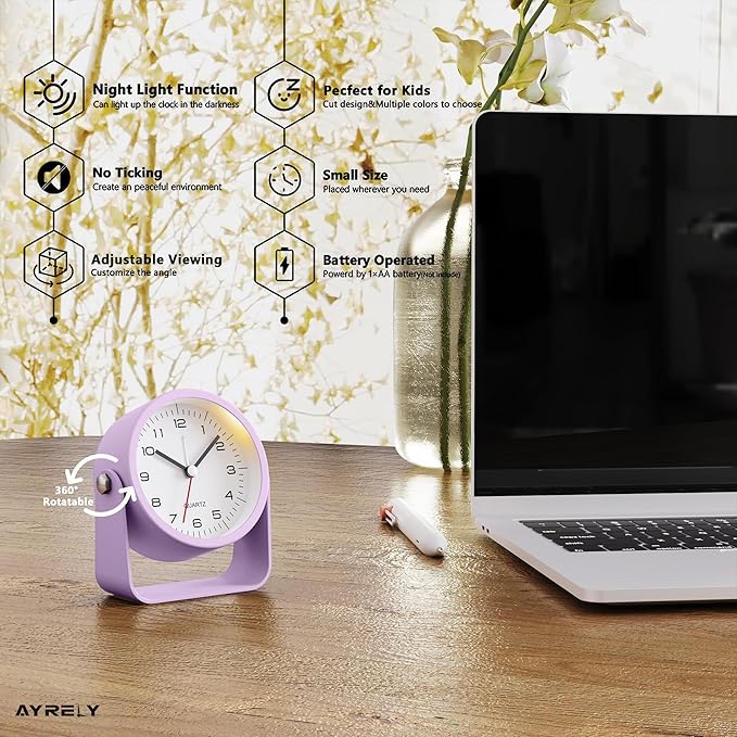 AYRELY® 3.5 Inch Small Analog Alarm Clocks,Battery Operated Desk Clock,Cute Table Clock with Light，Adjustable Angle for Travel,Bedside,Bedroom,Kids,Living Room Decor (Purple)