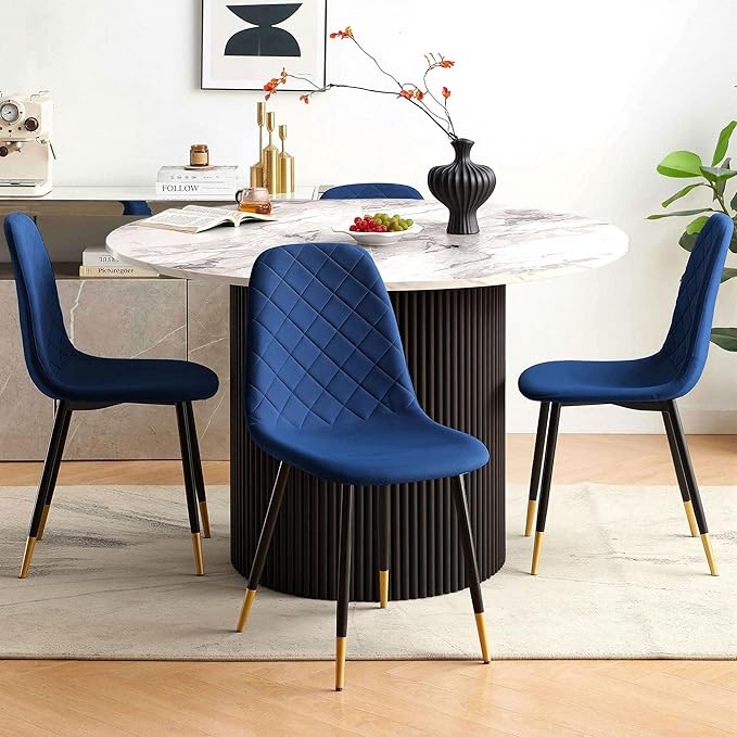 White Round Dining Table Set for 4, Modern Mid Century Wooden Kitchen & Dining Room Table Set, 5 Piece Space Saving (47In Faux Marble Table + 4 Blue Velvet Chairs)