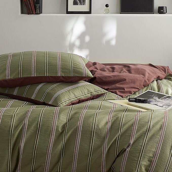 mixinni Vintage Striped Duvet Cover Set Queen – 100% Cotton Reversible Jacquard Bedding Set, Retro Olive Green & Terracotta Comforter Cover, Soft Breathable 3-Piece(1 Duvet Cover+2 Pillowcases)