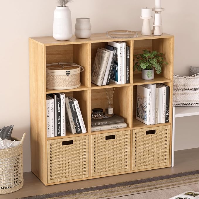 Wooden 9 Cube Storage Organizer with Closed Back Panel,White Cube Shelf Cubby Storage Organizer with Compartments for Living,Bookshelf, Easy to Install (Oak, 9 Cube-11in)