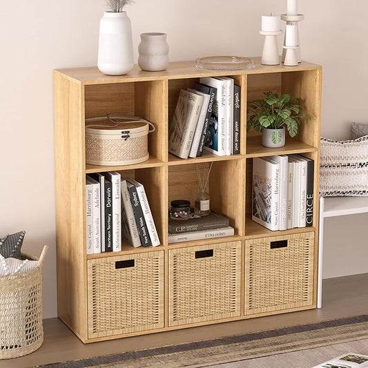 Wooden 9 Cube Storage Organizer with Closed Back Panel,White Cube Shelf Cubby Storage Organizer with Compartments for Living,Bookshelf, Easy to Install (Oak, 9 Cube-13in)