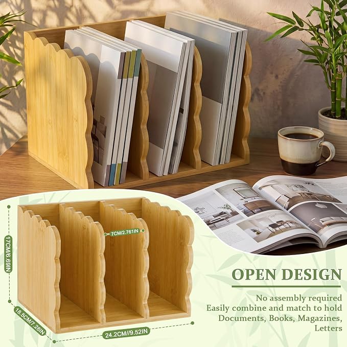 Novabright Bamboo File Magazine Holder Desk Organizer, 3 Vertical Compartments Workspace Sorters for Magazines, Binders, Notebooks, Envelopes (Scalloped Edge)