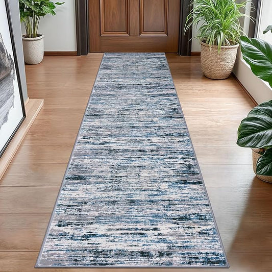 Lansny Modern Abstract Hallway Runner Rug, Grey Blue White Washable Kitchen Runner Non-Slip Soft 2x8 Runner Rug Thin Print Faux Wool Carpet for Entryway Bedroom Laundry Room Indoor Home Decor