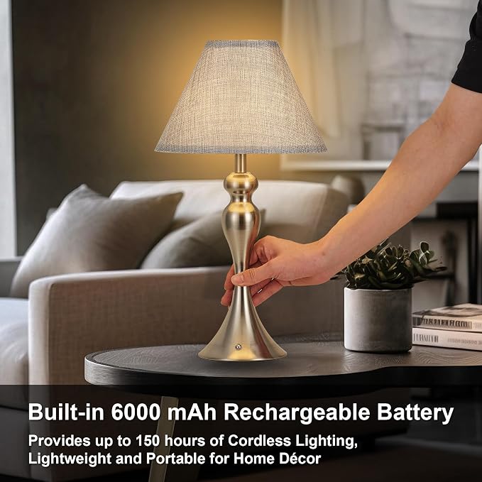 Rechargeable Cordless Table Lamps, Battery Operated Lamp with Fabric Shade for Decor, 3 Color Stepless Dimming LED Table Light, Nightstand Lamp for Nursery, Bedroom, Living Room, Home Office (Nickel)