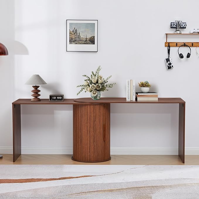 Fluted Computer PC Desk Table with Storage, Farmhouse Corner L Shaped Desk with Storage for Small Space, Modern Home Office Desk for Bedroom, for Writing, Executive, Study, Work - Walnut