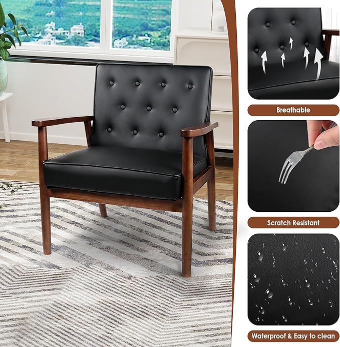 JIASTING Mid-Century Retro Modern Solid Wood Armrest Accent Chair, Faux Leather Tufted Back Upholstered Lounge Chairs, Living Room Furniture (Black 8325)