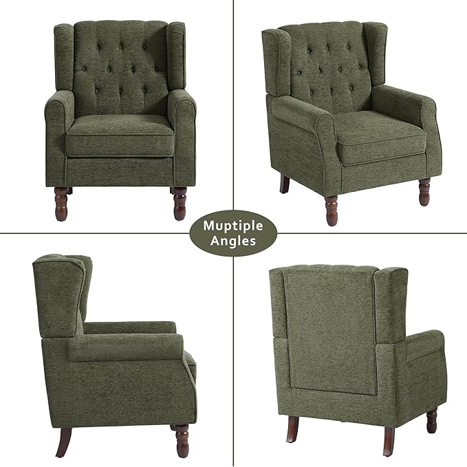 Accent Chair, High Back Upholstered Chair with Button Tufted, Mid-Century Modern Comfy Wingback Chair Reading Armchair in Fabric for Living Room for Bedroom, Office-Green
