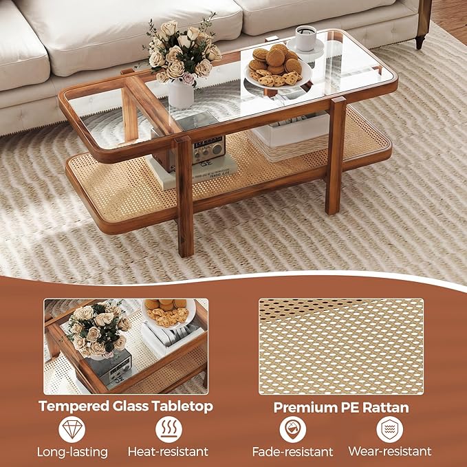 Giantex Rattan Coffee Table, 47.5" Rectangle Solid Wood Tea Table w/Tempered Glass Tabletop, Rattan Storage Shelf, 2-Tier Boho Coffee Tables, Farmhouse Center Table for Living Room (Brown)