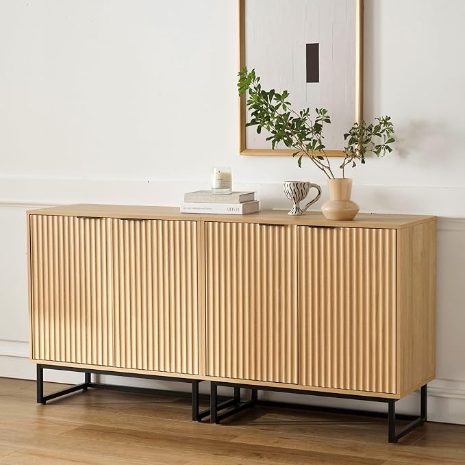 Fluted Storage Cabinets Set of 3, Sideboard Buffet Cabinets with Adjustable Shelves, Modern Accent Credenza, Console Table Entryway Cabinet for Living Room, Natural Oak