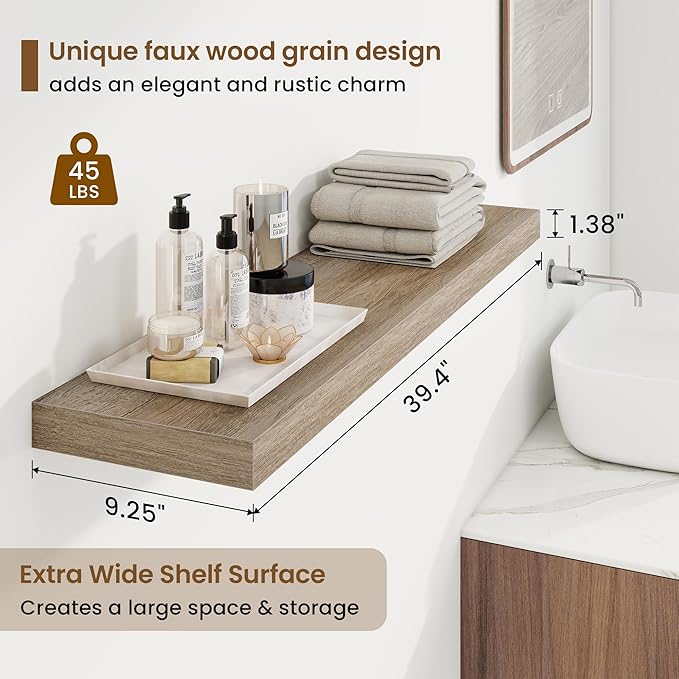 40in Floating Shelves for Wall, 40"W x 9.25"D x 1.25"H, 2 Pack Long Wall Mounted Engineered Wood Shelves with Invisible Brackets for Living Room, Bedroom, Bathroom, Kitchen Decor and Storage, Grey