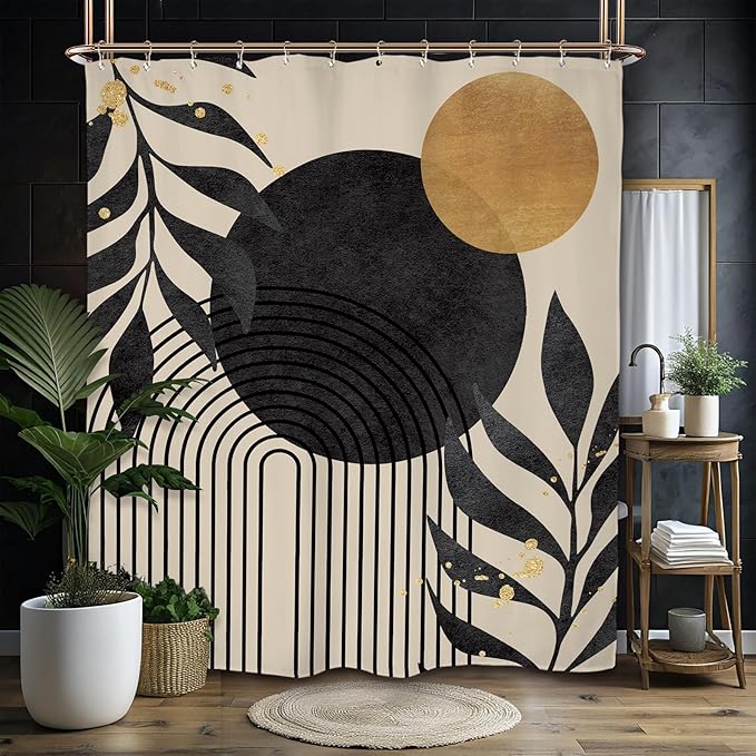 Miyotaa Abstract Minimalist Shower Curtain Set 60Wx71H Inches Modern Aesthetic Mid Century Contemporary Plant Leaves Geometric Neutral Waterproof Bathroom Curtain with 12 Hooks