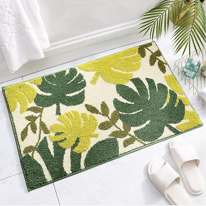 Hi Space Bathroom Rugs Mat 24x16IN Green Leaves Bath Mat for Bathroom Non Slip Machine Washable Soft Absorbent Cute Bath Rug Plush Bath Carpet for Tub Shower Sink Fluffy Entryway Doormat