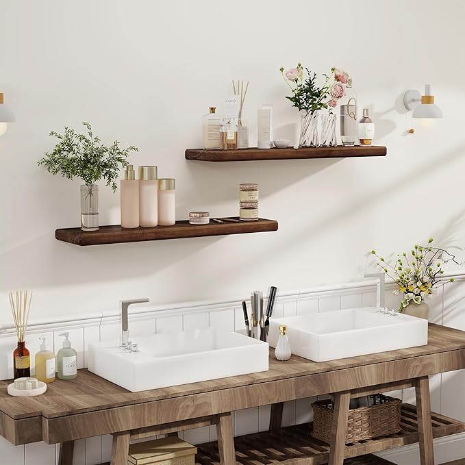 Axeman 36Inch Natural Wood Floating Shelves for Wall|Rustic Wooden Shelves for Bedroom Kitchen Bathroom|Storage Shelf with Invisible Bracket for Wall Mounted|Set of 1|Walnut Color