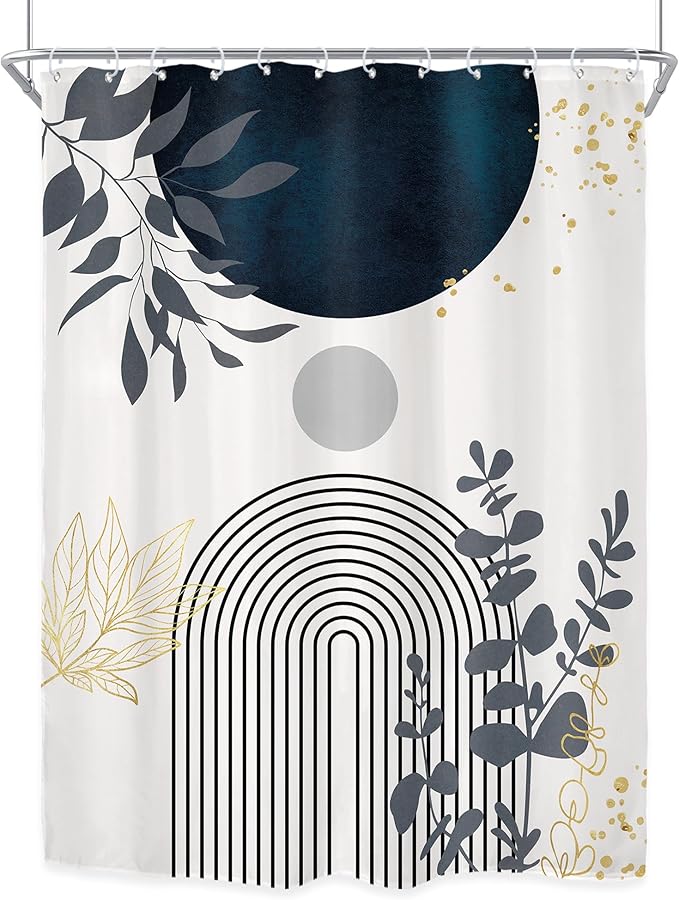 Riyidecor Extra Long Boho Modern Shower Curtain for Bathroom Decor 72Wx96H Navy Blue Abstract Bohemian Tropical Minimalist Aesthetic Art Printed Fabric Polyester Waterproof 12 Pack Plastic Hook