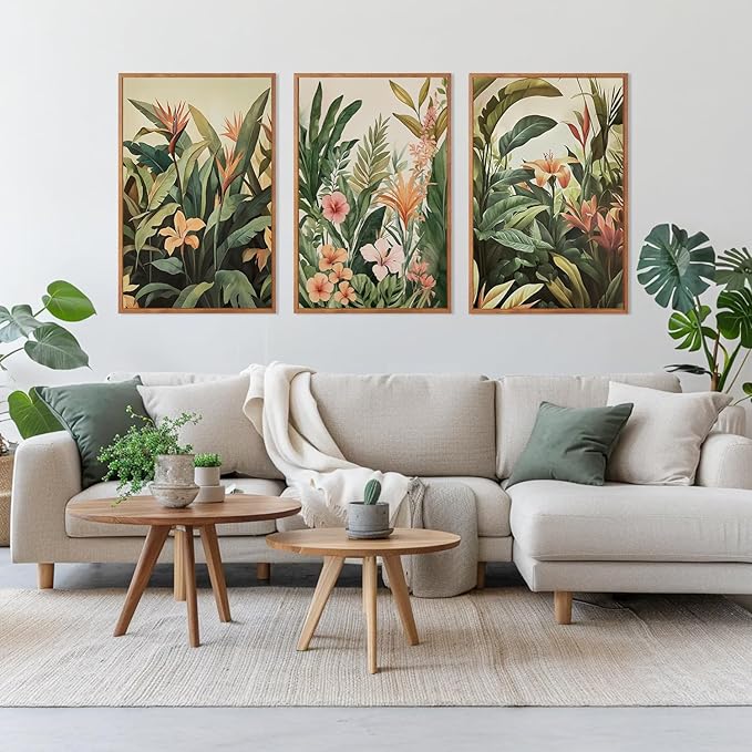 HLNIUC Boho Tropical Leaves Framed Canvas Wall Art,Abstract Flower Wall Decor Set of 3(24”x36”)Modern Green Plant Banana Leaf Art Print,Tropical Botanical Jungle Painting for Living Room Bedroom Office