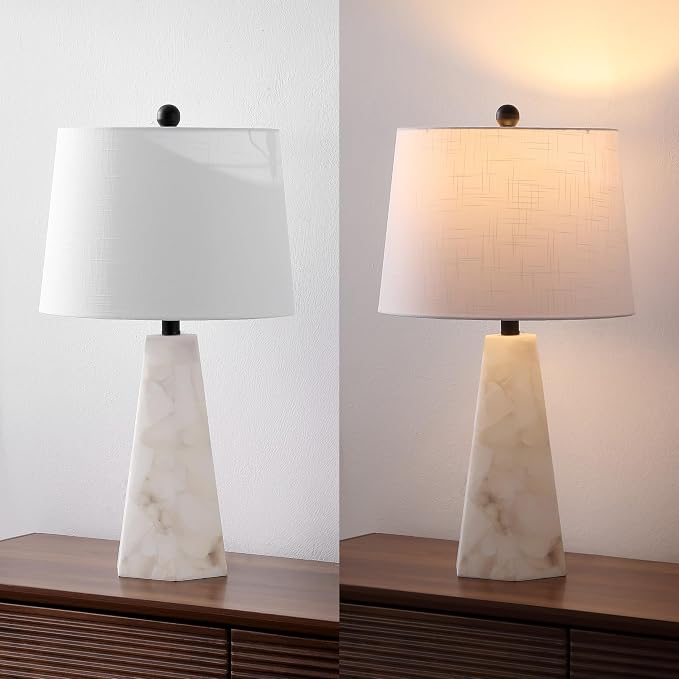 JONATHAN Y 25.5" Natural/Black Modern Table Lamp for Bedroom, White Linen Shade, Contemporary Bedside Nightstand Lamp for Living Room, LED Bulb Included (JYL6205B)