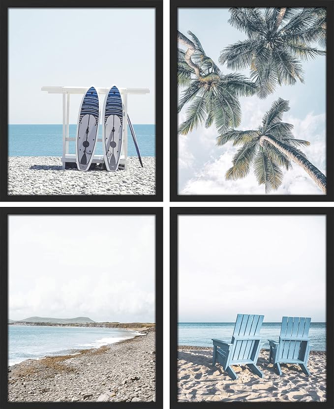 SIGNWIN Framed White Surfboard Tropical Palm Tree Beach Shore Wall Art, Set of 4 Landscape Colorful Wall Decor Prints, Nature Wilderness Wall Décor for Living Room, Bedroom - 11"x14" Black